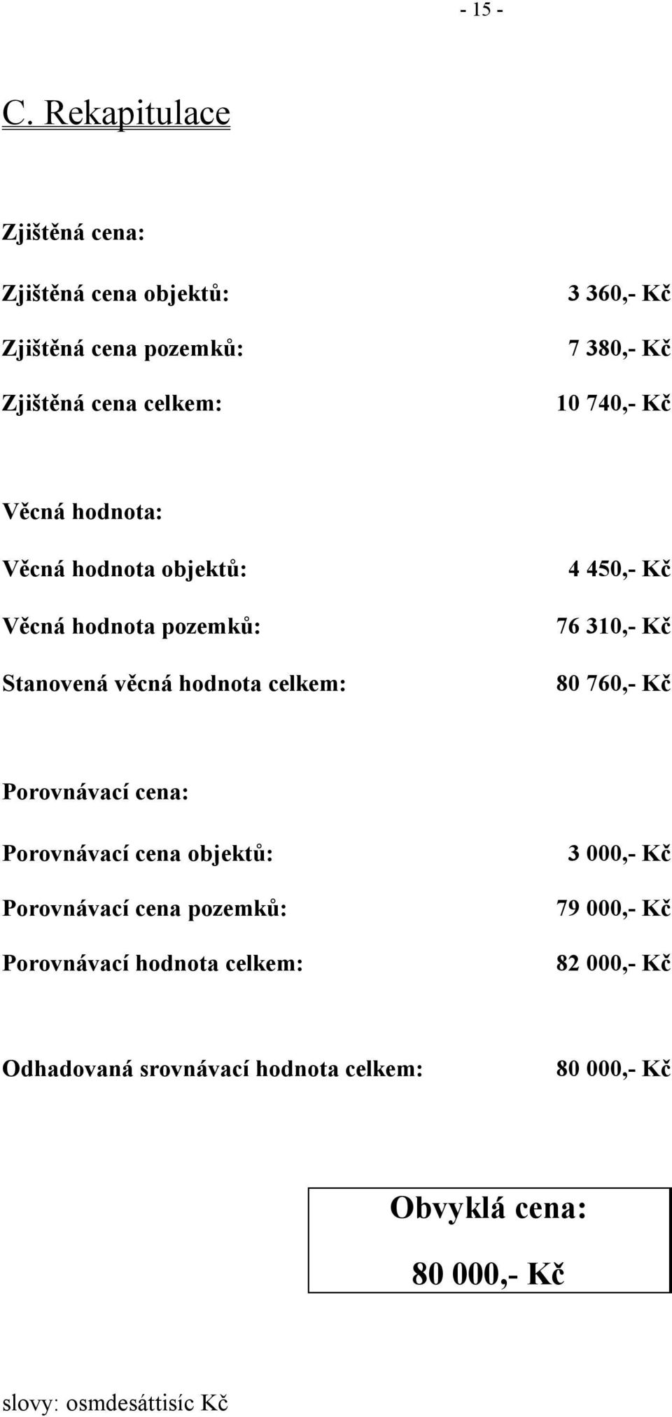 740,- Kč Věcná hodnota: Věcná hodnota objektů: Věcná hodnota pozemků: Stanovená věcná hodnota celkem: 4 450,- Kč 76 310,- Kč