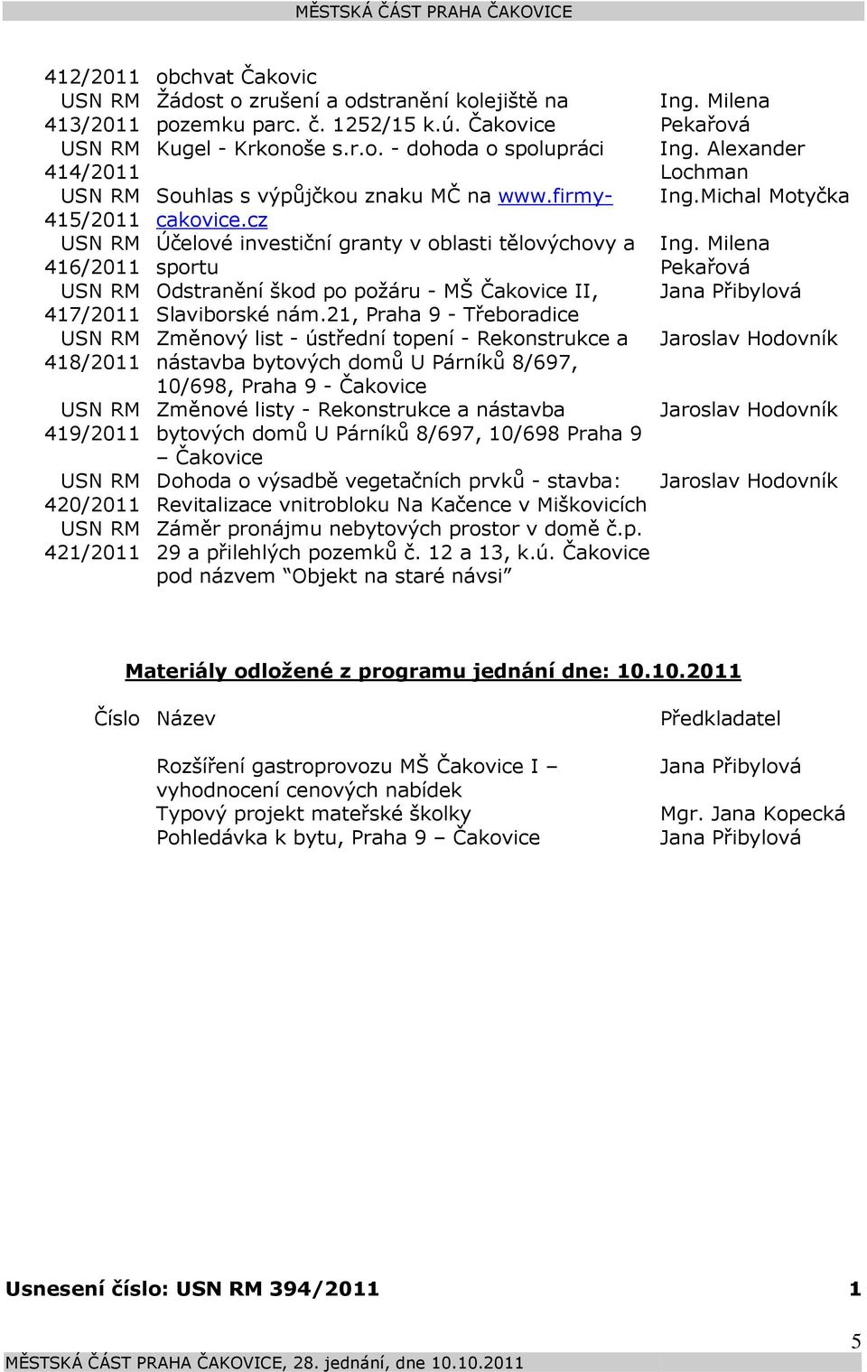 21, Praha 9 - Třeboradice Změnový list - ústřední topení - Rekonstrukce a 418/2011 nástavba bytových domů U Párníků 8/697, 419/2011 420/2011 421/2011 10/698, Praha 9 - Čakovice Změnové listy -