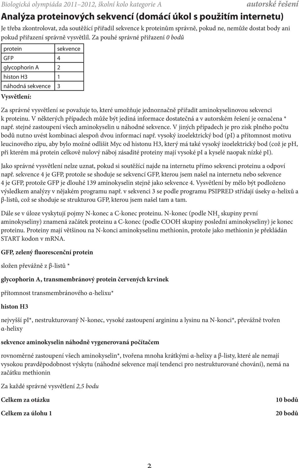 Za pouhé správné přiřazení 0 bodů protein GFP 4 glycophorin A 2 histon H3 1 náhodná sekvence 3 Vysvětlení: sekvence Za správné vysvětlení se považuje to, které umožňuje jednoznačně přiřadit