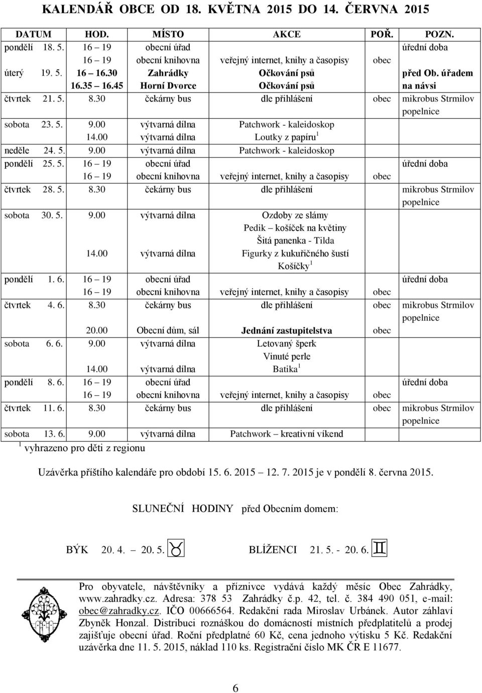 úřadem na návsi čtvrtek 21. 5. 8.30 čekárny bus dle přihlášení obec mikrobus Strmilov popelnice sobota 23. 5. 9.00 14.00 Patchwork - kaleidoskop Loutky z papíru 1 neděle 24. 5. 9.00 Patchwork - kaleidoskop pondělí 25.