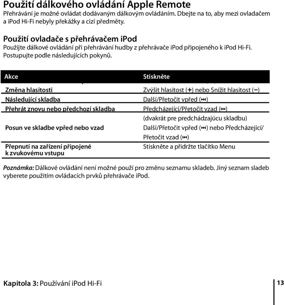 Akce Prehratie alebo zastavenie prehrávania Stiskněte Tlačidlo Prehrať/Pauza ( ) Změna hlasitosti Zvýšit hlasitost ( ) nebo Snížit hlasitost (D) Následující skladba Další/Přetočit vpřed ( ) Přehrát