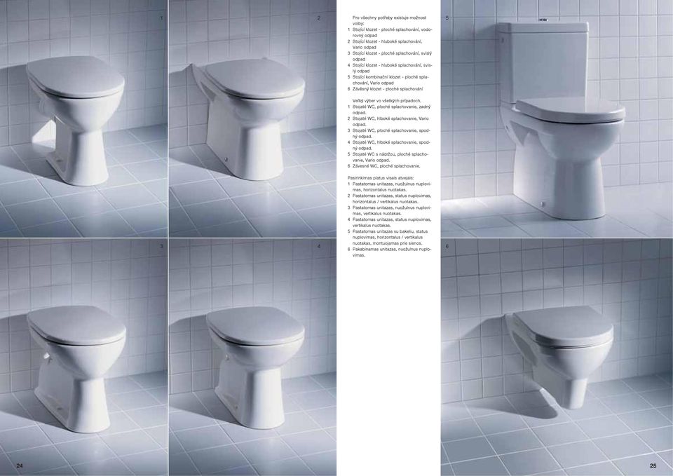 1 Stojaté WC, ploché splachovanie, zadný. 2 Stojaté WC, hlboké splachovanie, Vario. 3 Stojaté WC, ploché splachovanie, spodný. 4 Stojaté WC, hlboké splachovanie, spodný.