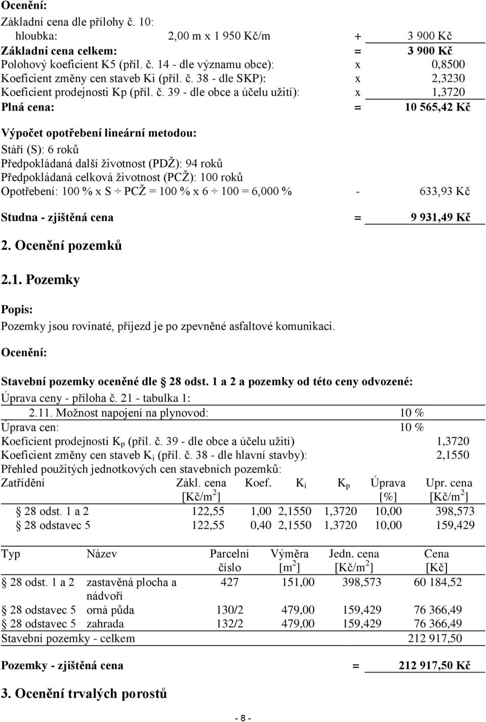 39 - dle obce a účelu uţití): x 1,3720 Plná cena: = 10 565,42 Kč Výpočet opotřebení lineární metodou: Stáří (S): 6 roků Předpokládaná další ţivotnost (PDŢ): 94 roků Předpokládaná celková ţivotnost