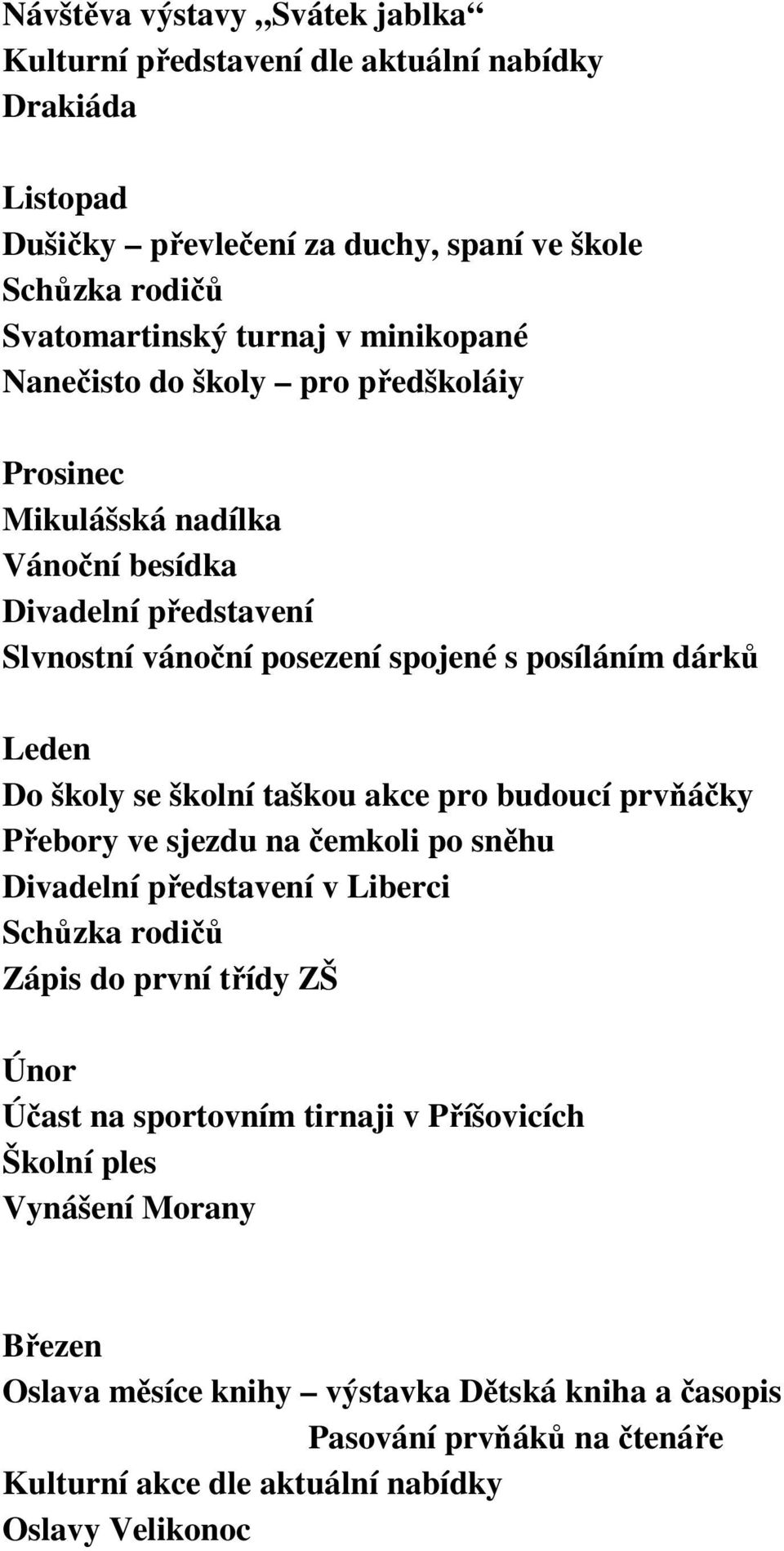 se školní taškou akce pro budoucí prvňáčky Přebory ve sjezdu na čemkoli po sněhu Divadelní představení v Liberci Schůzka rodičů Zápis do první třídy ZŠ Únor Účast na sportovním