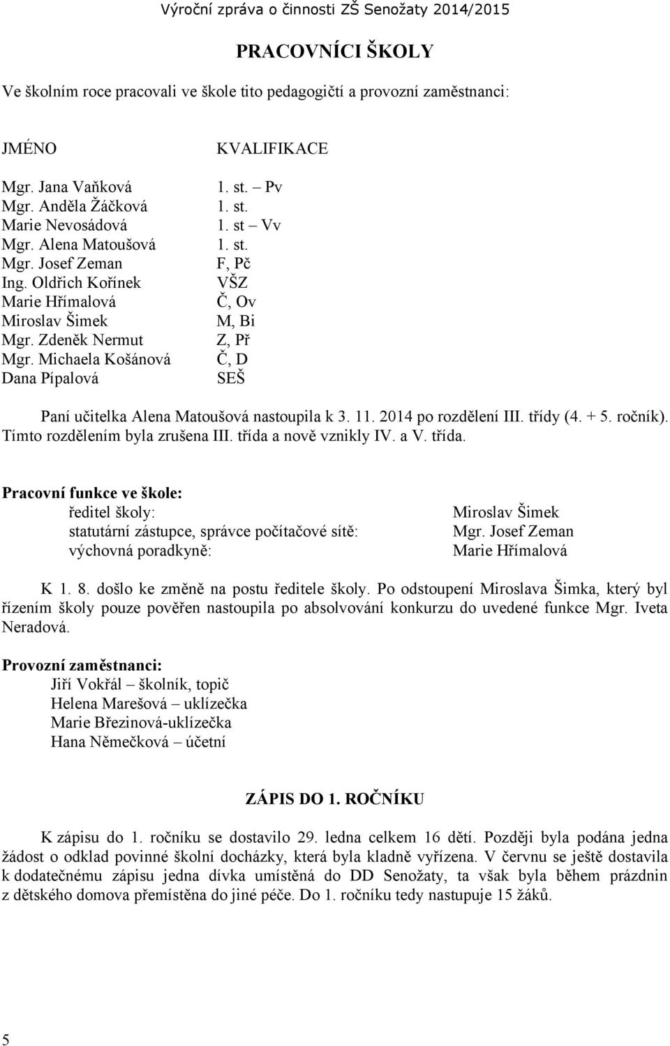 Pv 1. st. 1. st Vv 1. st. F, Pč VŠZ Č, Ov M, Bi Z, Př Č, D SEŠ Paní učitelka Alena Matoušová nastoupila k 3. 11. 2014 po rozdělení III. třídy (4. + 5. ročník). Tímto rozdělením byla zrušena III.