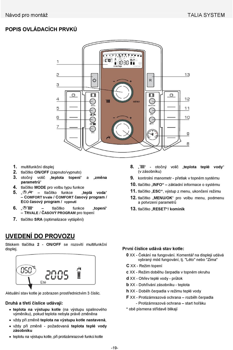 tlačítko SRA (optimalizace vytápění) 8. - otočný volič teplota teplé vody (v zásobníku) 9. kontrolní manometr - přetlak v topném systému 10. tlačítko INFO základní informace o systému 11.