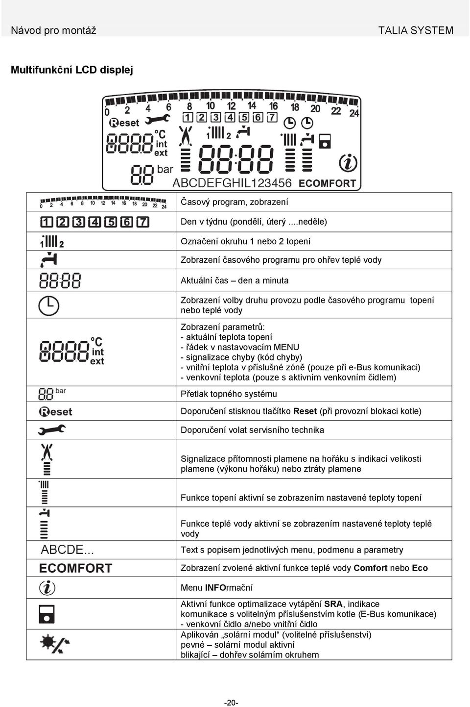 Zobrazení parametrů: - aktuální teplota topení - řádek v nastavovacím MENU - signalizace chyby (kód chyby) - vnitřní teplota v příslušné zóně (pouze při e-bus komunikaci) - venkovní teplota (pouze s