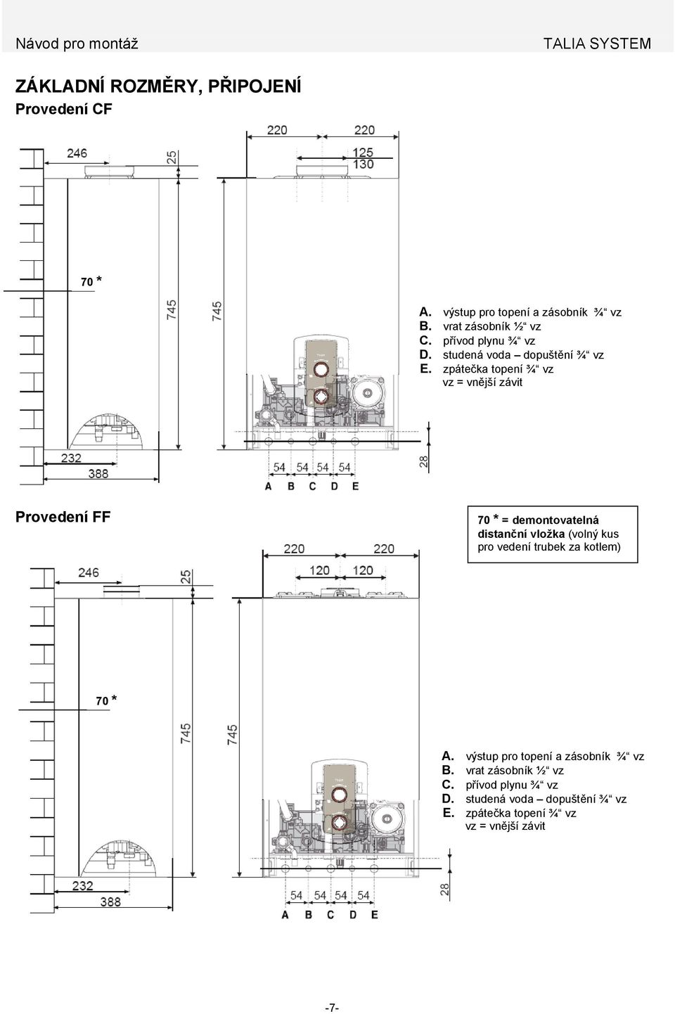zpátečka topení ¾ vz vz = vnější závit Provedení FF 70 * = demontovatelná distanční vložka (volný kus pro vedení
