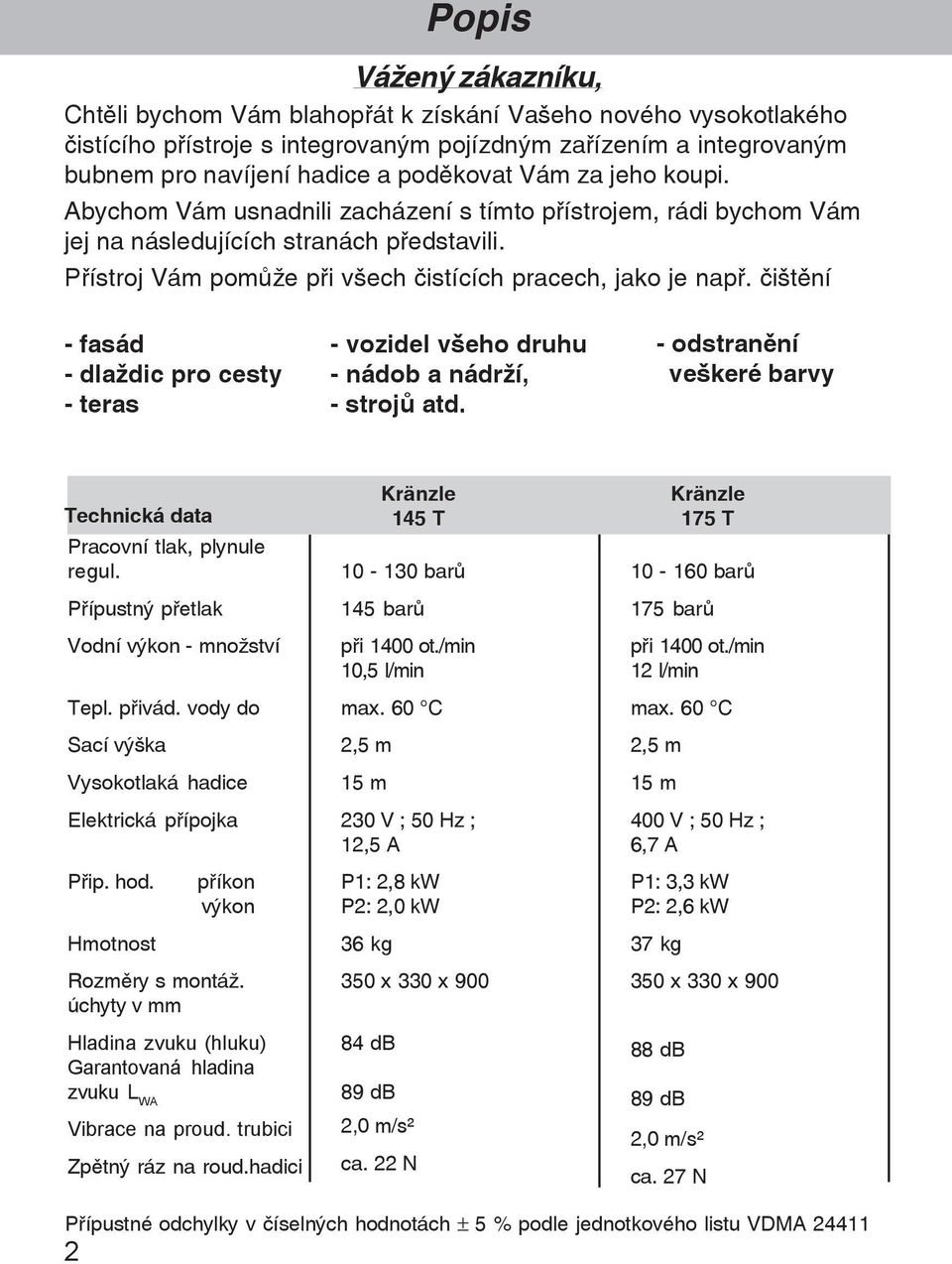 iãtšní - fasád - dlaþdic pro cesty - teras - vozidel vãeho druhu - nádob a nádrþí, - strojõ atd. - odstranšní veãkeré barvy Technická data Pracovní tlak, plynule regul.