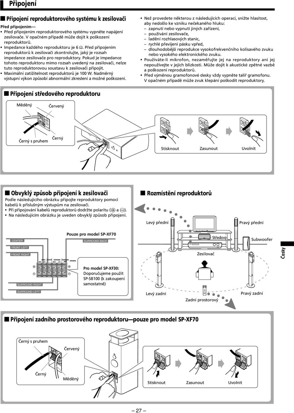 Pokud je impedance tohoto reproduktoru mimo rozsah uvedený na zesilovači, nelze tuto reproduktorovou soustavu k zesilovači připojit. Maximální zatížitelnost reproduktorů je 100 W.