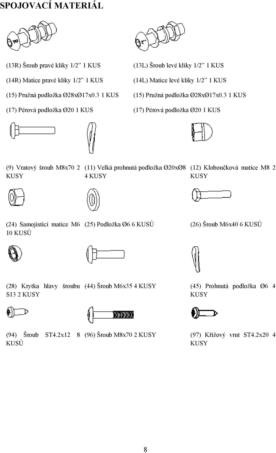 3 1 KUS (17) Pérová podložka Ø20 1 KUS (9) Vratový šroub M8x70 2 KUSY (11) Velká prohnutá podložka Ø20xØ8 4 KUSY (12) Kloboučková matice M8 2 KUSY (24) Samojistící