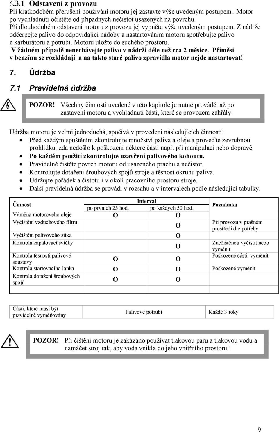 Motoru uložte do suchého prostoru. V žádném případě nenechávejte palivo v nádrži déle než cca 2 měsíce. Příměsi v benzínu se rozkládají a na takto staré palivo zpravidla motor nejde nastartovat! 7.