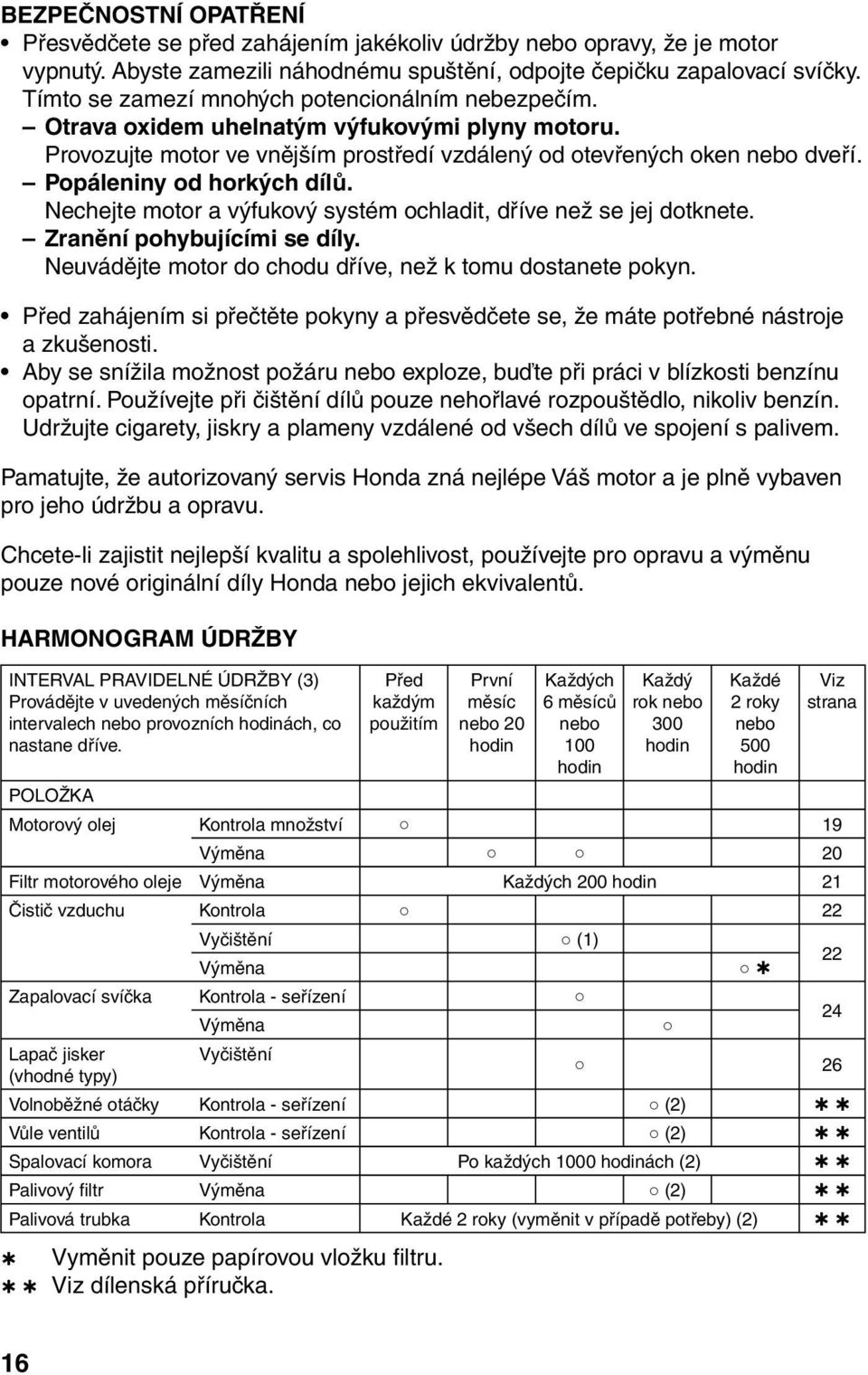 Popáleniny od horkých dílů. Nechejte motor a výfukový systém ochladit, dříve než se jej dotknete. Zranění pohybujícími se díly. Neuvádějte motor do chodu dříve, než k tomu dostanete pokyn.