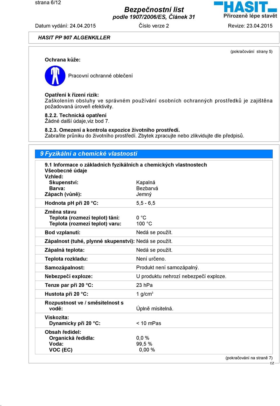 Zbytek zpracujte nebo zlikvidujte dle předpisů. 9 Fyzikální a chemické vlastnosti 9.