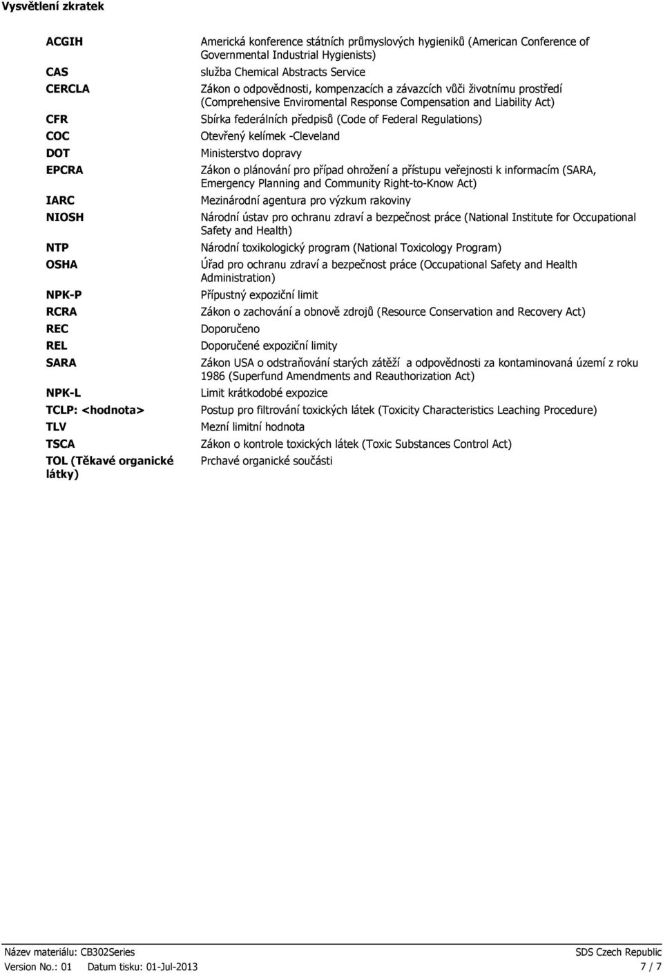 Enviromental Response Compensation and Liability Act) Sbírka federálních předpisů (Code of Federal Regulations) Otevřený kelímek -Cleveland Ministerstvo dopravy Zákon o plánování pro případ ohrožení