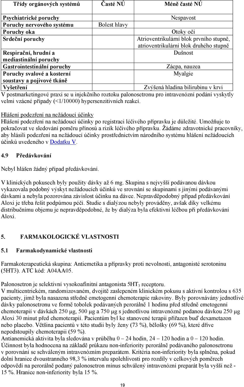 Vyšetření Zvýšená hladina bilirubinu v krvi V postmarketingové praxi se u injekčního roztoku palonosetronu pro intravenózní podání vyskytly velmi vzácné případy (<1/10000) hypersenzitivních reakcí.