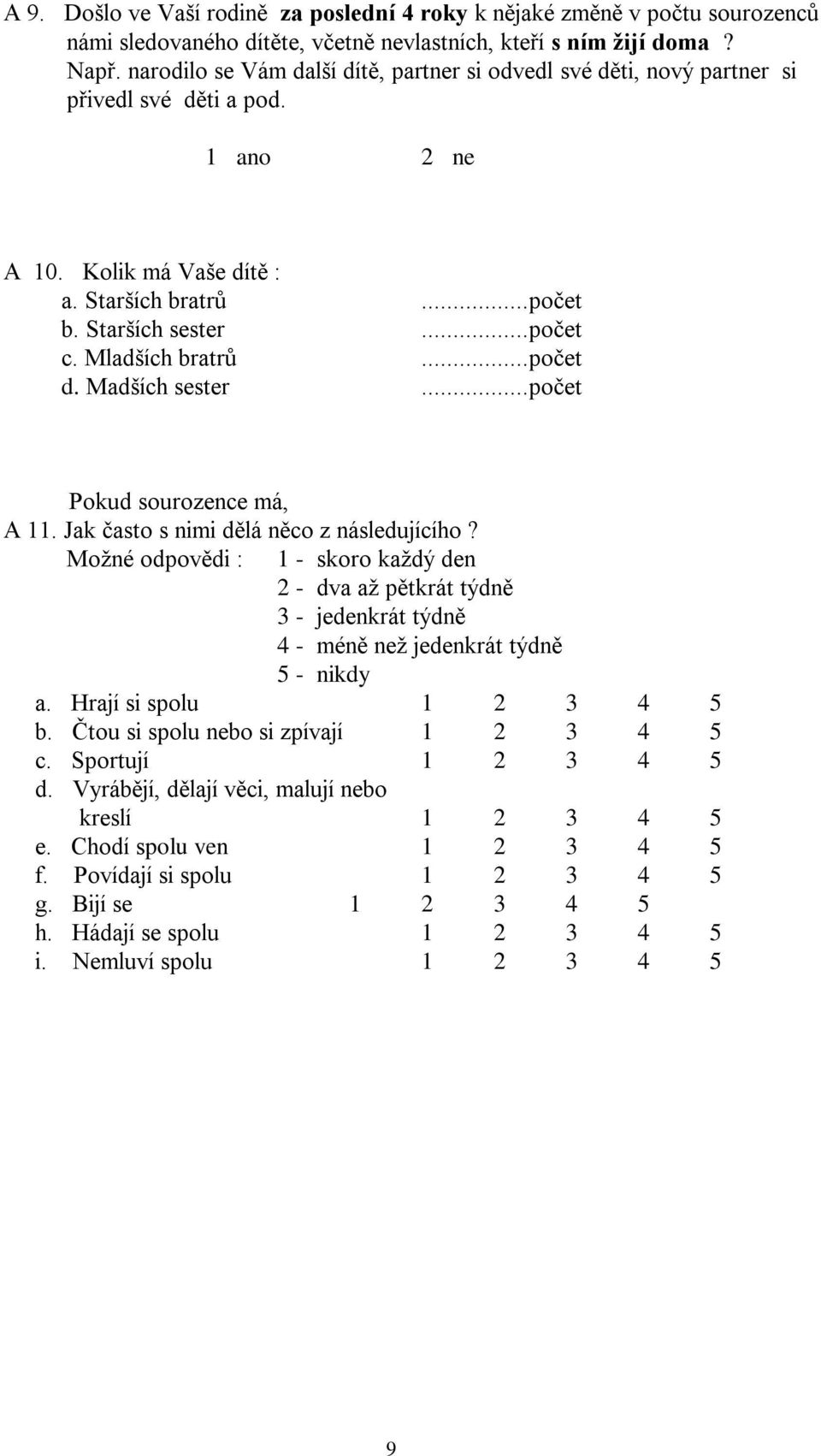 Mladších bratrů...počet d. Madších sester...počet Pokud sourozence má, A 11. Jak často s nimi dělá něco z následujícího?