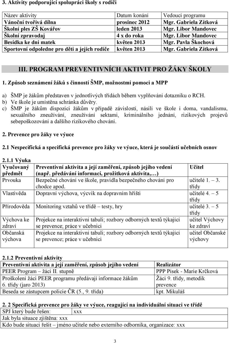 PROGRAM PREVENTIVNÍCH AKTIVIT PRO ŽÁKY ŠKOLY 1. Způsob seznámení žáků s činností ŠMP, možnostmi pomoci a MPP a) ŠMP je žákům představen v jednotlivých třídách během vyplňování dotazníku o RCH.