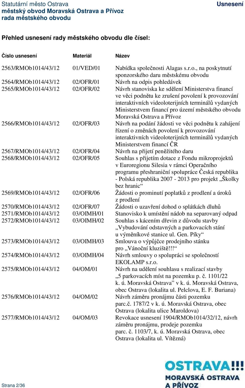 na odpis pohledávek 2565/RMOb1014/43/12 02/OFR/02 Návrh stanoviska ke sdělení Ministerstva financí ve věci podnětu ke zrušení povolení k provozování interaktivních videoloterijních terminálů vydaných