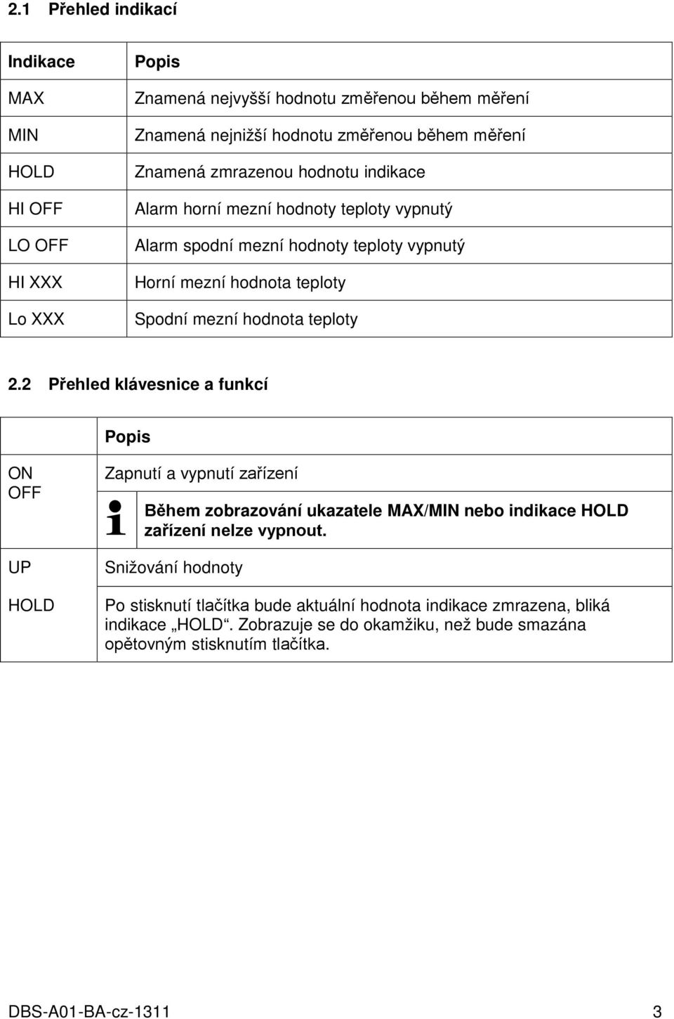 teploty 2.2 Přehled klávesnice a funkcí Popis ON OFF UP HOLD Zapnutí a vypnutí zařízení Během zobrazování ukazatele MAX/MIN nebo indikace HOLD zařízení nelze vypnout.