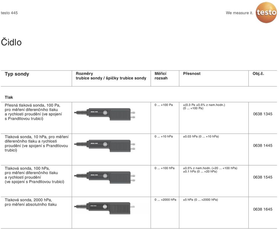 .. +100 Pa) 0638 1345 Tlaková sonda, 10 hpa, pro měření diferenčního tlaku a rychlosti proudění (ve spojení s Prandtlovou trubicí) 0... +10 hpa ±0.03 hpa (0.