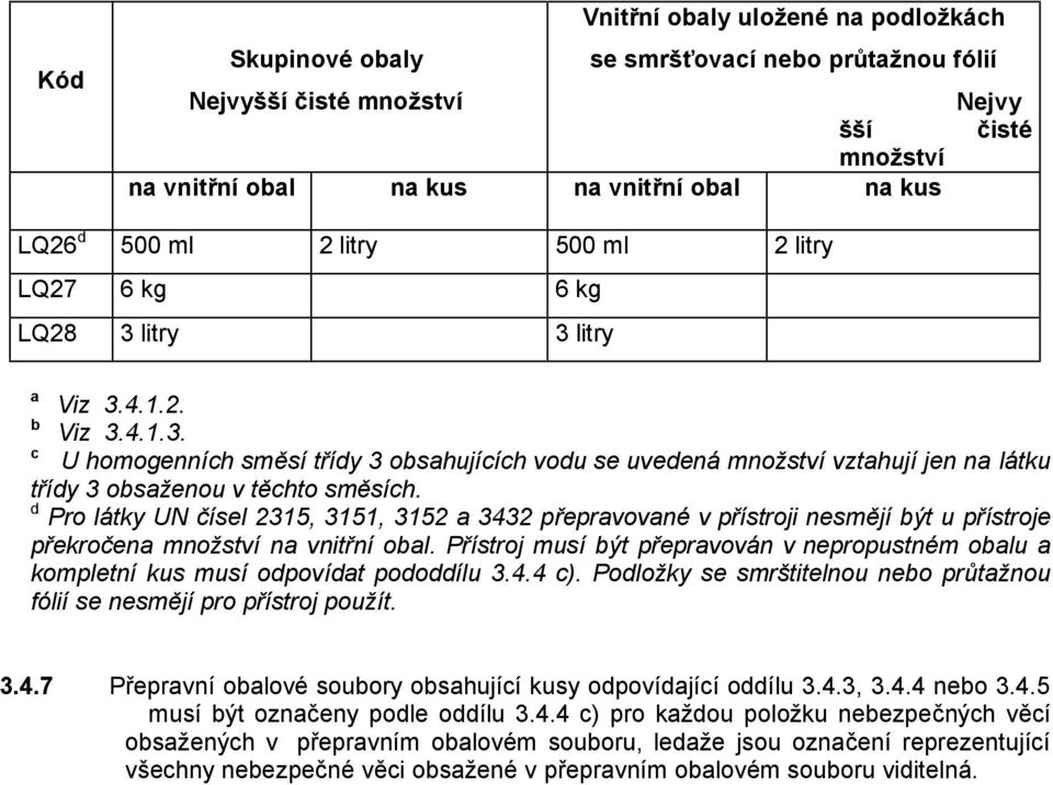 d Pro látky UN čísel 2315, 3151, 3152 a 3432 přepravované v přístroji nesmějí být u přístroje překročena množství na vnitřní obal.