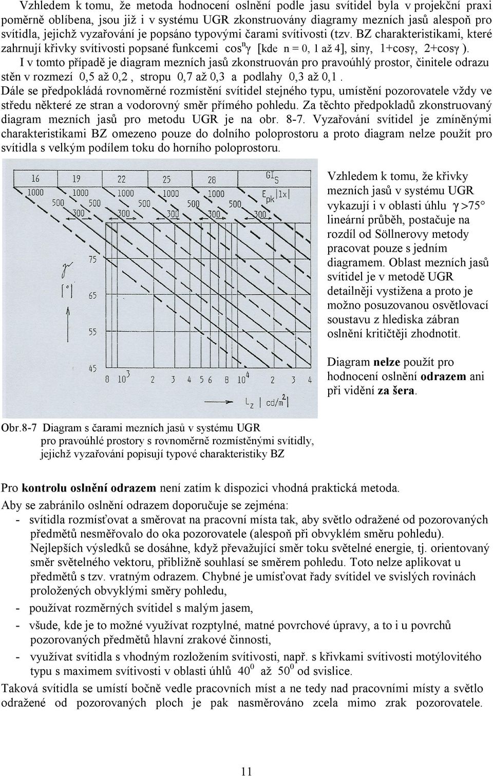 I v tomto případě je diagram mezních jasů zkonstruován pro pravoúhlý prostor, činitele odrazu stěn v rozmezí 0,5 až 0,2, stropu 0,7 až 0,3 a podlahy 0,3 až 0,1.