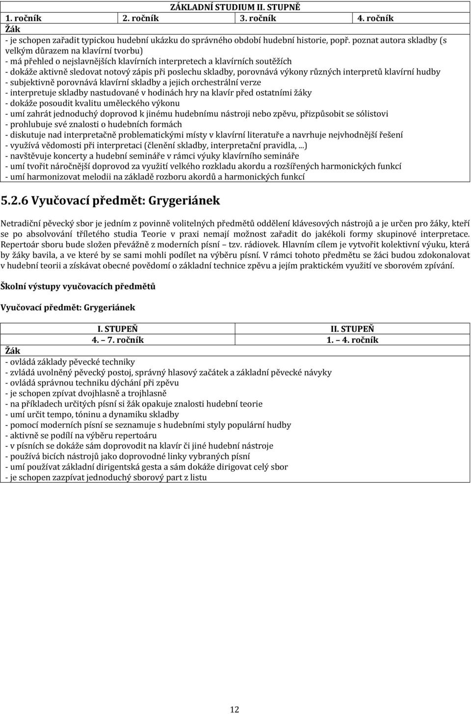 porovnává výkony různých interpretů klavírní hudby - subjektivně porovnává klavírní skladby a jejich orchestrální verze - interpretuje skladby nastudované v hodinách hry na klavír před ostatními žáky