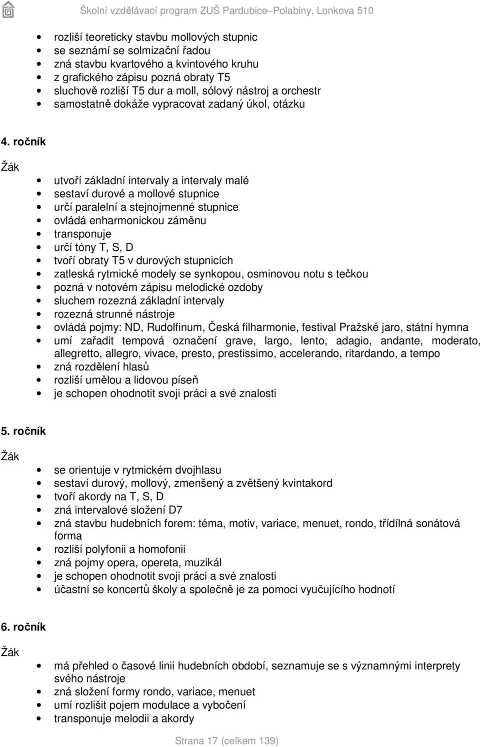 ročník utvoří základní intervaly a intervaly malé sestaví durové a mollové stupnice určí paralelní a stejnojmenné stupnice ovládá enharmonickou záměnu transponuje určí tóny T, S, D tvoří obraty T5 v