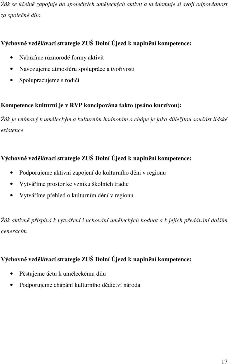 koncipována takto (psáno kurzívou): je vnímavý k uměleckým a kulturním hodnotám a chápe je jako důležitou součást lidské existence Výchovně vzdělávací strategie ZUŠ Dolní Újezd k naplnění kompetence: