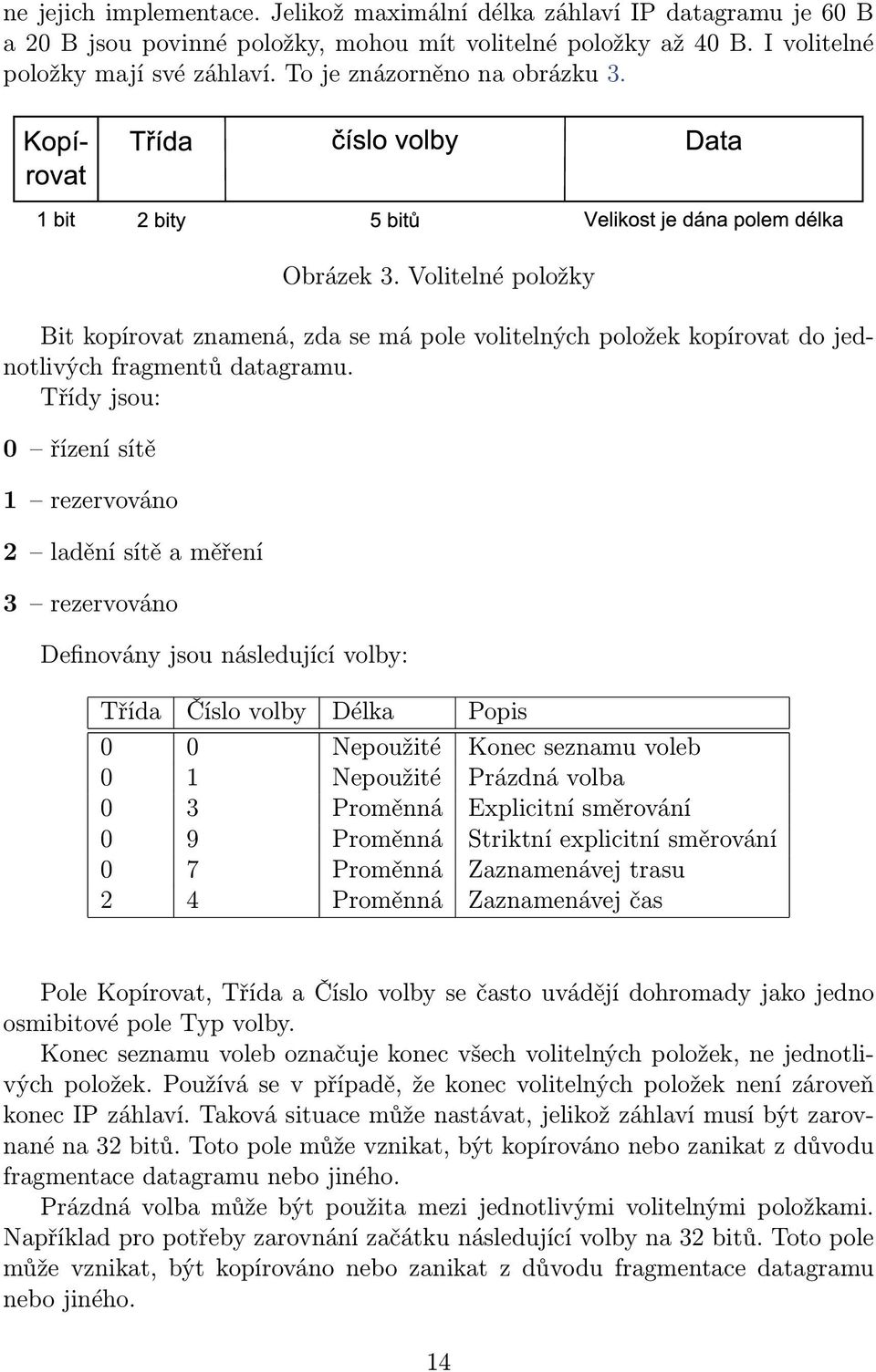 Třídy jsou: 0 řízení sítě 1 rezervováno 2 ladění sítě a měření 3 rezervováno Definovány jsou následující volby: Třída Číslo volby Délka Popis 0 0 Nepoužité Konec seznamu voleb 0 1 Nepoužité Prázdná