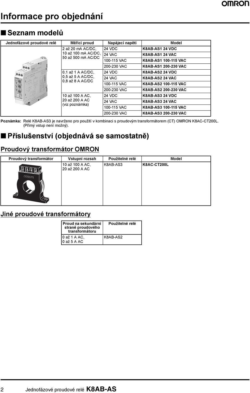 VAC 200-230 VAC K8AB-AS2 200-230 VAC 10 až 100 A AC, 24 VDC K8AB-AS3 24 VDC 20 až 200 A AC 24 VAC K8AB-AS3 24 VAC (viz poznámka) 100-115 VAC K8AB-AS3 100-115 VAC 200-230 VAC K8AB-AS3 200-230 VAC