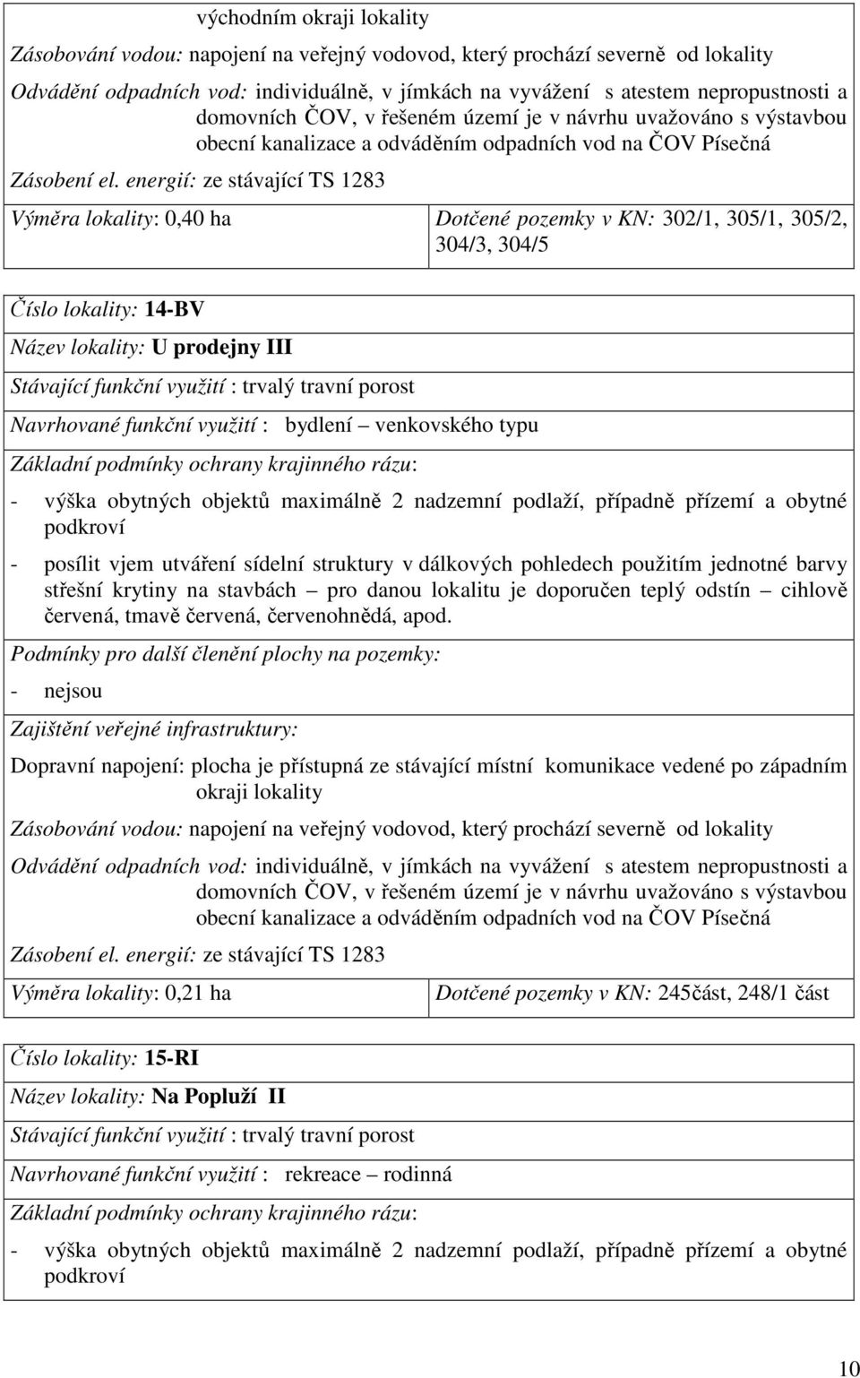 energií: ze stávající TS 1283 Výměra lokality: 0,40 ha Dotčené pozemky v KN: 302/1, 305/1, 305/2, 304/3, 304/5 Číslo lokality: 14-BV Název lokality: U prodejny III Stávající funkční využití : trvalý