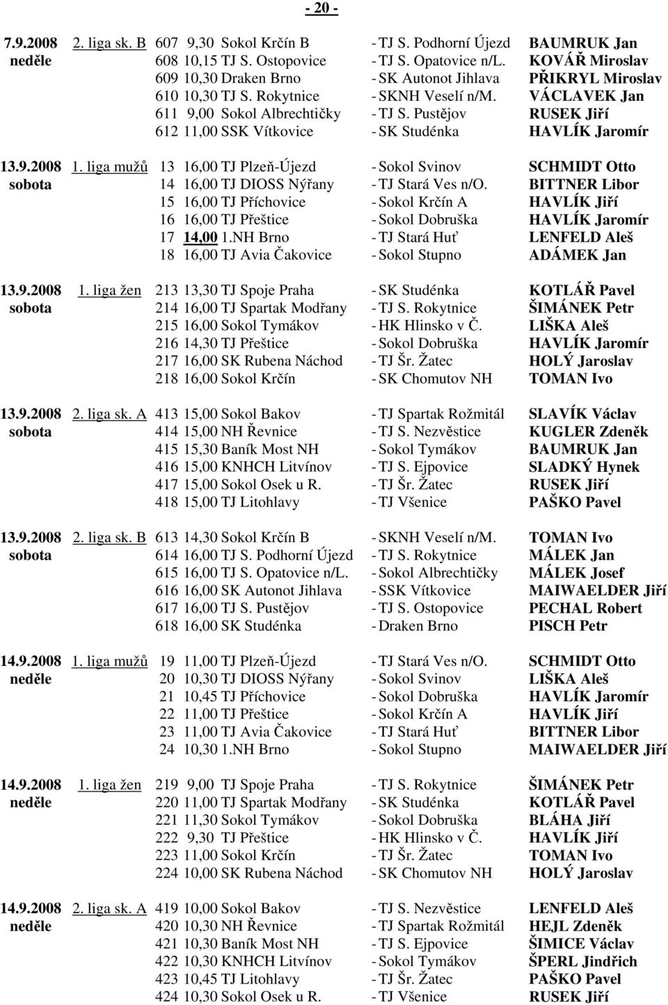 Pustějov RUSEK Jiří 612 11,00 SSK Vítkovice - SK Studénka HAVLÍK Jaromír 13.9.2008 1. liga mužů 13 16,00 TJ Plzeň-Újezd - Sokol Svinov SCHMIDT Otto sobota 14 16,00 TJ DIOSS Nýřany - TJ Stará Ves n/o.