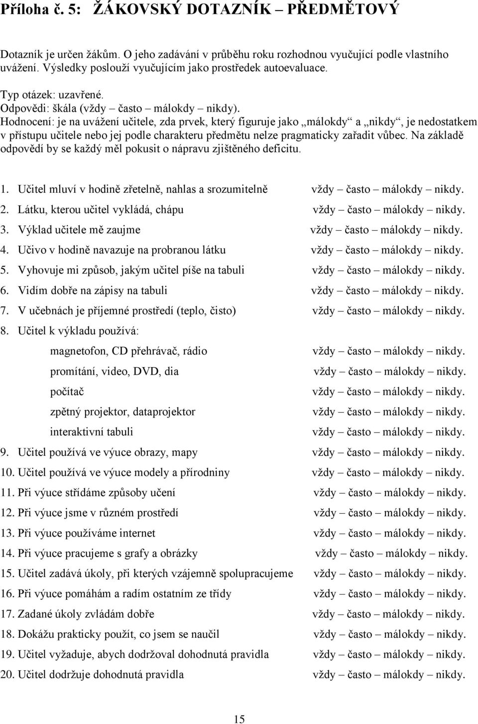 Hodnocení: je na uvážení učitele, zda prvek, který figuruje jako málokdy a nikdy, je nedostatkem v přístupu učitele nebo jej podle charakteru předmětu nelze pragmaticky zařadit vůbec.