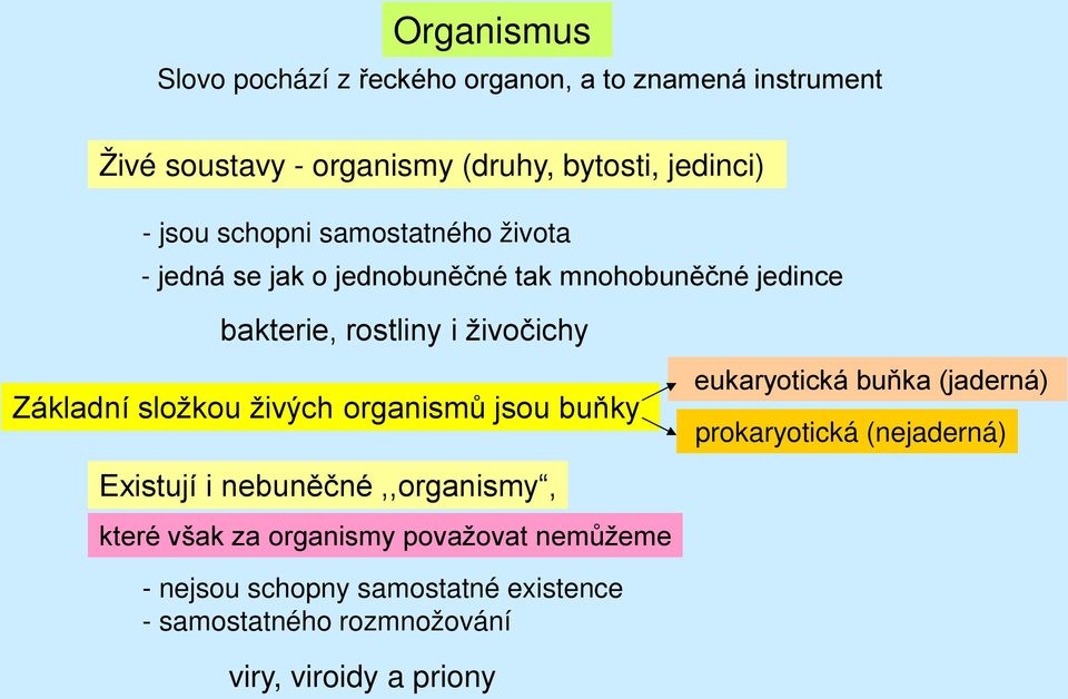 složkou živých organismů jsou buňky eukaryotická buňka (jaderná) prokaryotická (nejaderná) Existují i nebuněčné,,organismy,