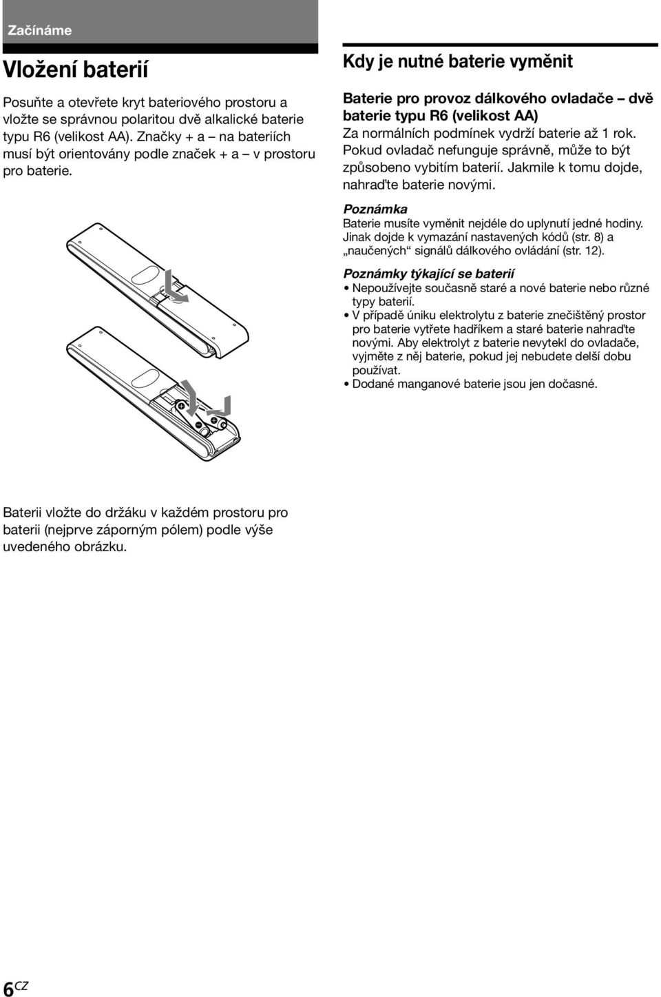 Kdy je nutné baterie vyměnit Baterie pro provoz dálkového ovladače dvě baterie typu R6 (velikost AA) Za normálních podmínek vydrží baterie až rok.