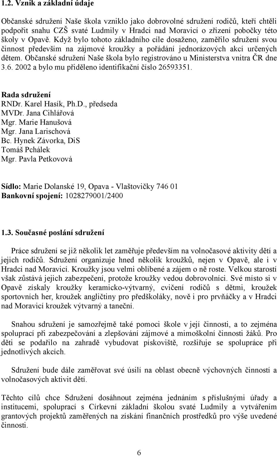 Občanské sdružení Naše škola bylo registrováno u Ministerstva vnitra ČR dne 3.6. 2002 a bylo mu přiděleno identifikační číslo 26593351. Rada sdružení RNDr. Karel Hasík, Ph.D., předseda MVDr.