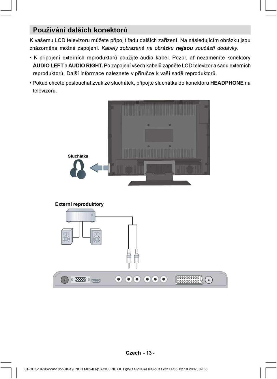 Po zapojení všech kabelů zapněte LCD televizor a sadu externích reproduktorů. Další informace naleznete v příručce k vaší sadě reproduktorů.