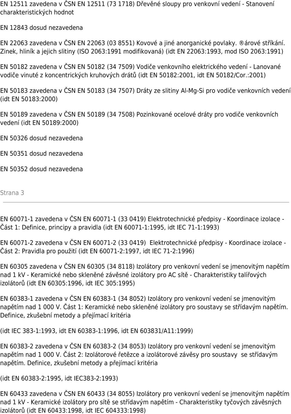 Zinek, hliník a jejich slitiny (ISO 2063:1991 modifikovaná) (idt EN 22063:1993, mod ISO 2063:1991) EN 50182 zavedena v ČSN EN 50182 (34 7509) Vodiče venkovního elektrického vedení - Lanované vodiče