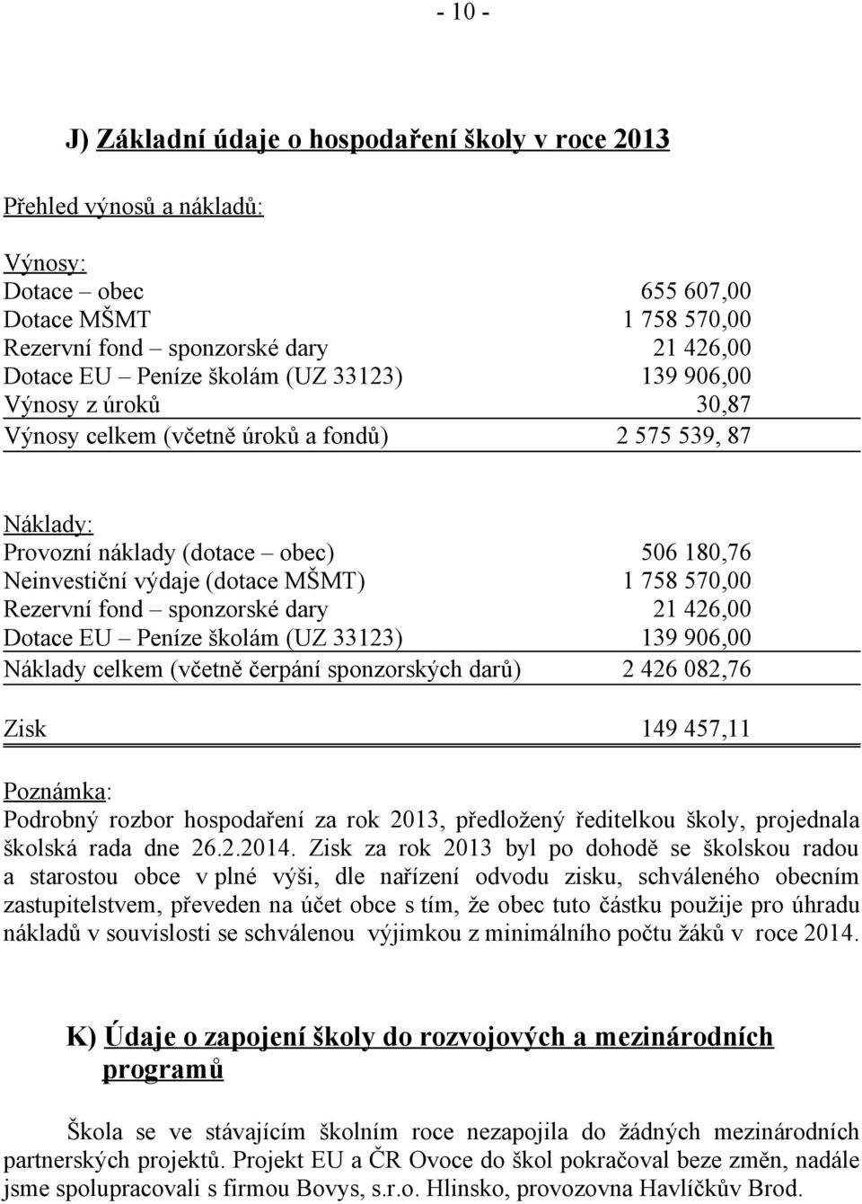 Rezervní fond sponzorské dary 21 426,00 Dotace EU Peníze školám (UZ 33123) 139 906,00 Náklady celkem (včetně čerpání sponzorských darů) 2 426 082,76 Zisk 149 457,11 Poznámka: Podrobný rozbor