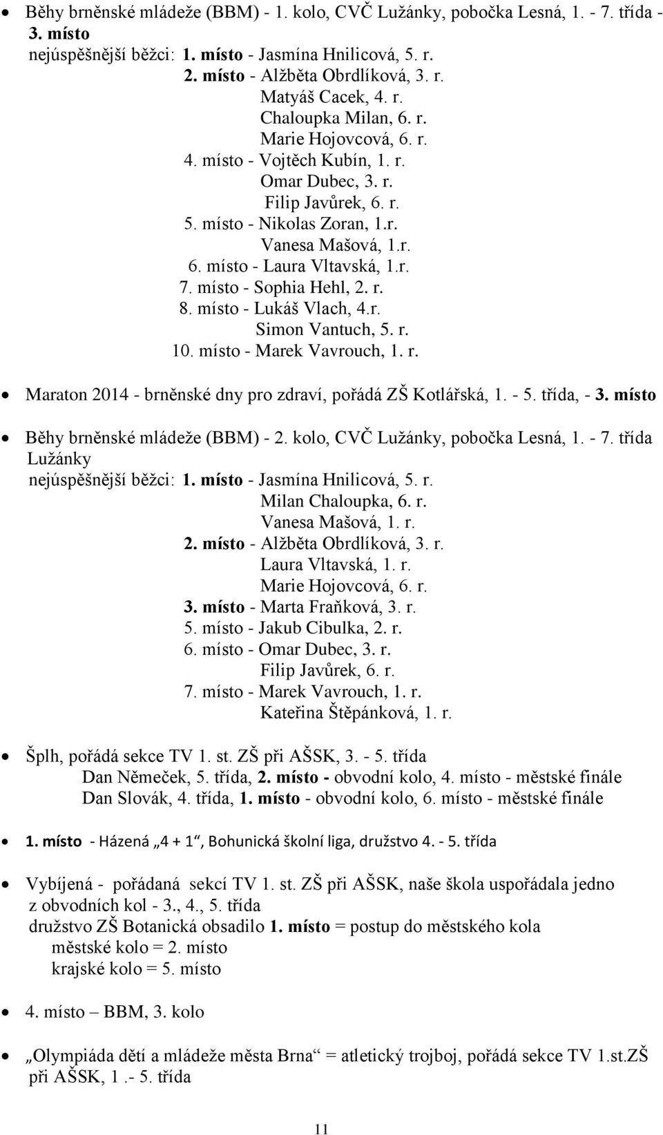 r. 7. místo - Sophia Hehl, 2. r. 8. místo - Lukáš Vlach, 4.r. Simon Vantuch, 5. r. 10. místo - Marek Vavrouch, 1. r. Maraton 2014 - brněnské dny pro zdraví, pořádá ZŠ Kotlářská, 1. - 5. třída, - 3.