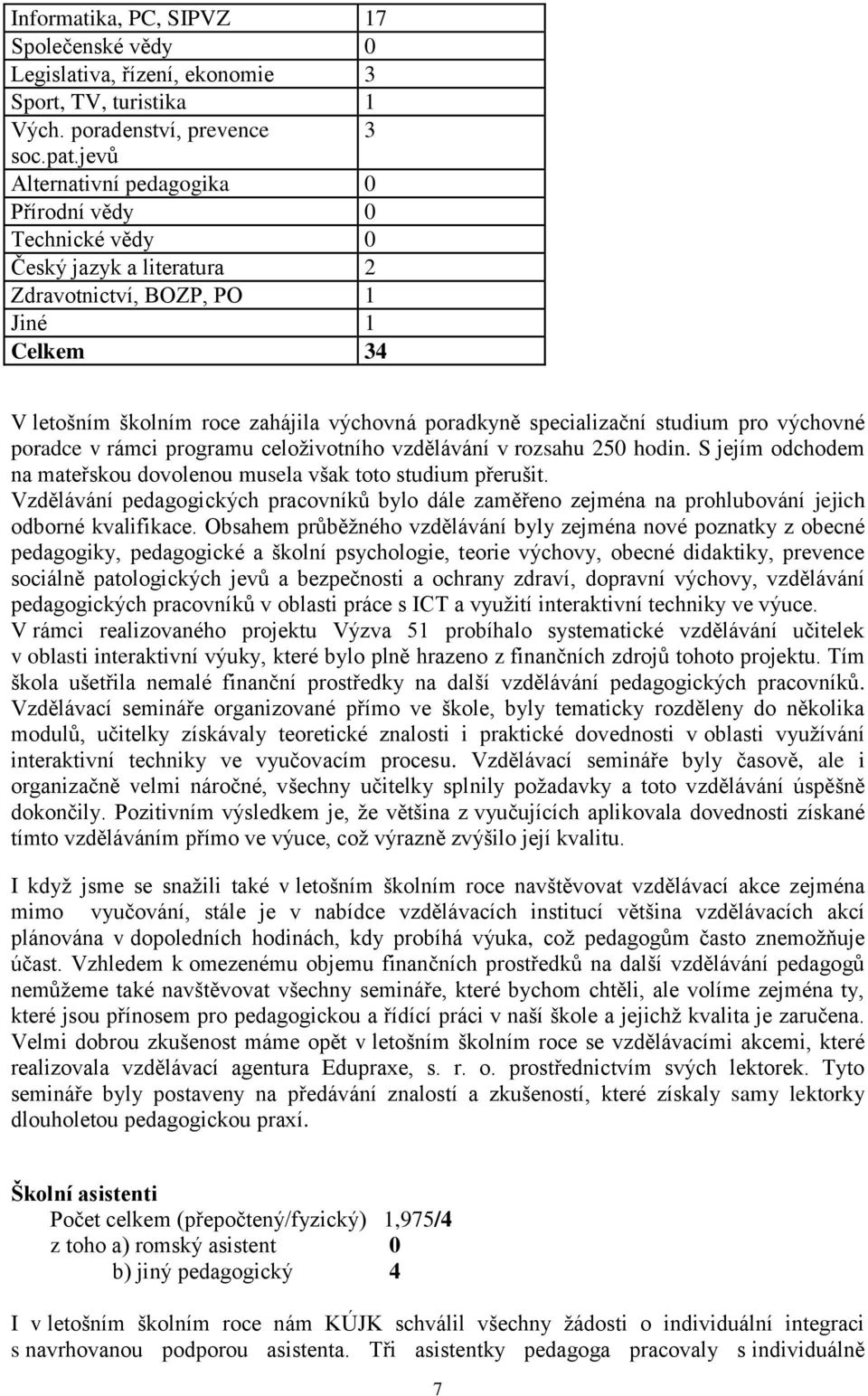 studium pro výchovné poradce v rámci programu celoživotního vzdělávání v rozsahu 250 hodin. S jejím odchodem na mateřskou dovolenou musela však toto studium přerušit.