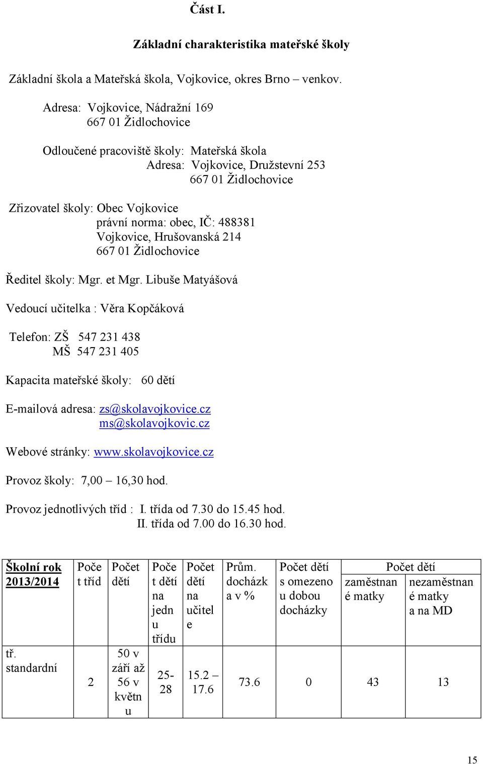 obec, IČ: 488381 Vojkovice, Hrušovanská 214 667 01 Židlochovice Ředitel školy: Mgr. et Mgr.