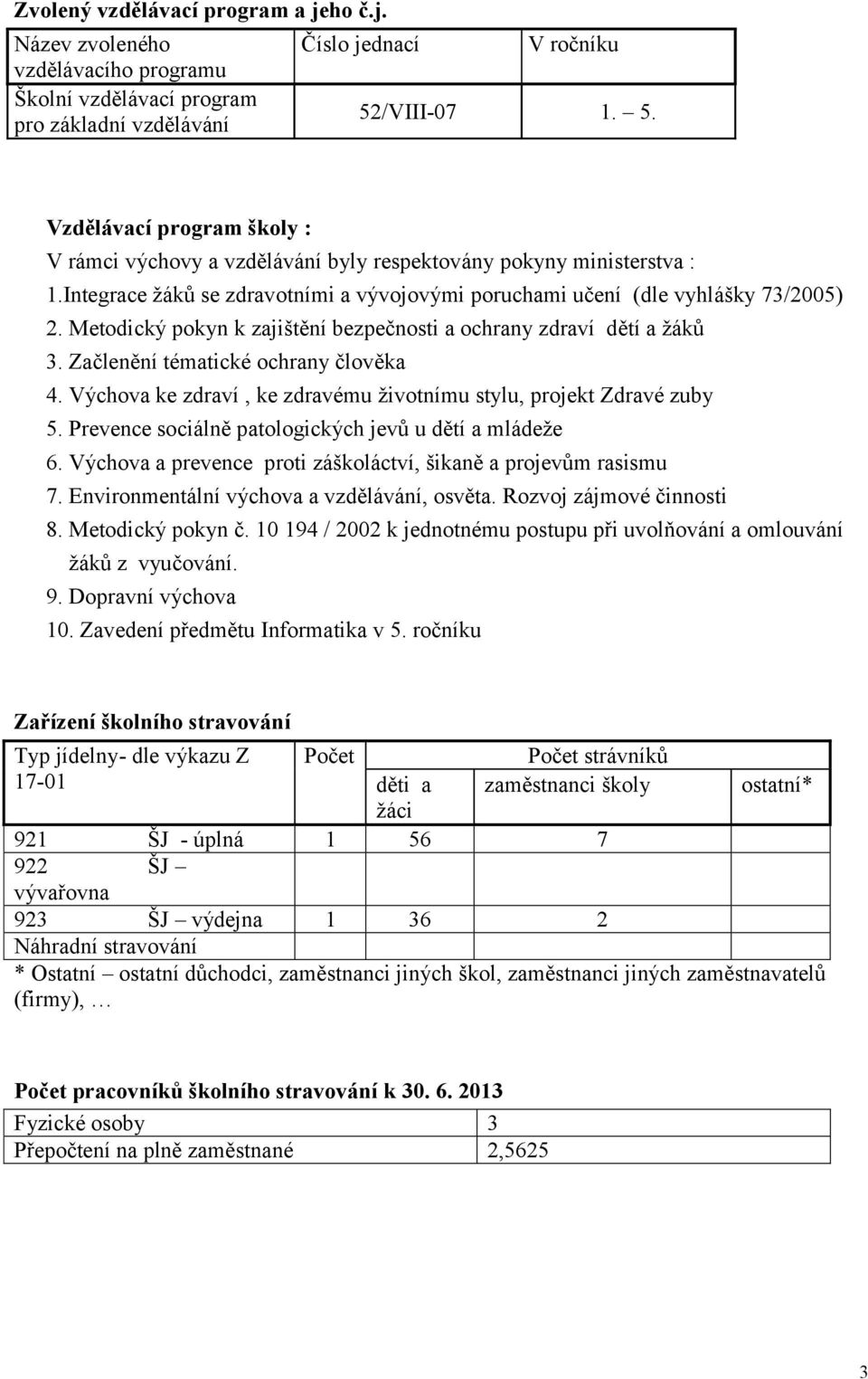 Metodický pokyn k zajištění bezpečnosti a ochrany zdraví dětí a žáků 3. Začlenění tématické ochrany člověka 4. Výchova ke zdraví, ke zdravému životnímu stylu, projekt Zdravé zuby 5.