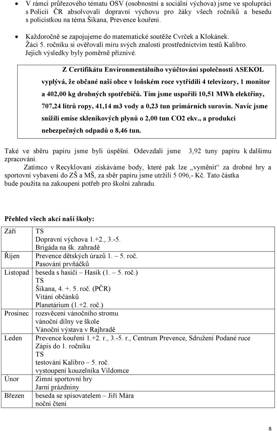 Z Certifikátu Environmentálního vyúčtování společnosti ASEKOL vyplývá, že občané naší obce v loňském roce vytřídili 4 televizory, 1 monitor a 402,00 kg drobných spotřebičů.