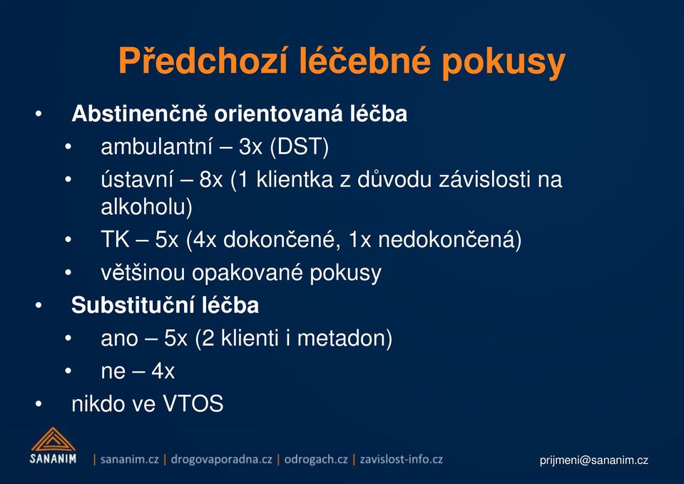 na alkoholu) TK 5x (4x dokončené, 1x nedokončená) většinou