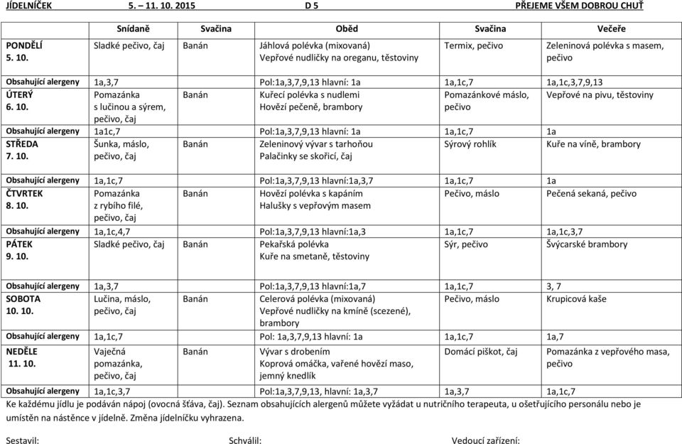 alergeny 1a,3,7 Pol:1a,3,7,9,13 hlavní: 1a 1a,1c,7 1a,1c,3,7,9,13 Pomazánka Banán Kuřecí polévka s nudlemi Pomazánkové máslo, Vepřové na pivu, těstoviny s lučinou a sýrem,, Hovězí pečeně, brambory