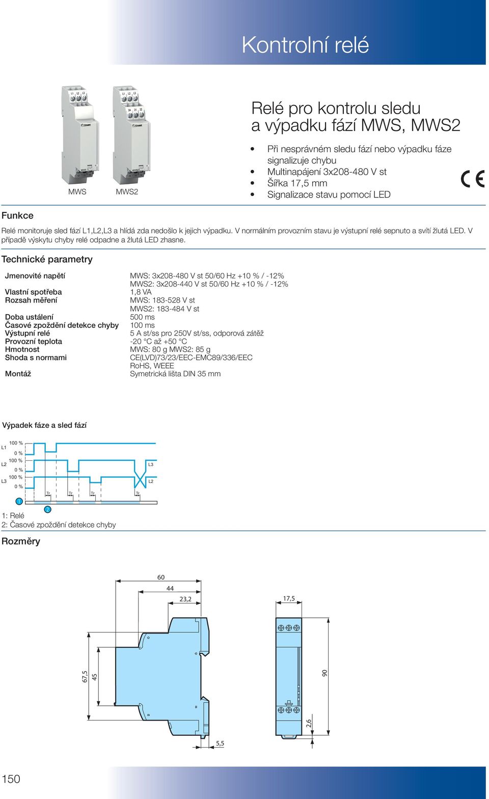 Technické parametry Jmenovité napětí MWS: x08-80 V st 0/0 Hz +0 % / -% MWS: x08-0 V st 0/0 Hz +0 % / -% Vlastní spotřeba,8 VA ozsah měření MWS: 8-8 V st MWS: 8-8 V st Doba ustálení 00 ms Časové