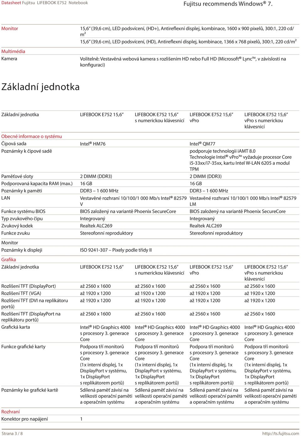 LIFEBOOK E752 15,6 LIFEBOOK E752 15,6 s numerickou klávesnicí LIFEBOOK E752 15,6 vpro LIFEBOOK E752 15,6 vpro s numerickou klávesnicí Obecné informace o systému Čipová sada Intel HM76 Intel QM77